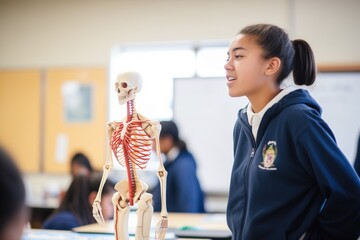 student looking at a model of the human anatomy during a lesson