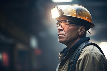 miner with hard hat and headlamp inspecting a coal seam - obrazy, fototapety, plakaty