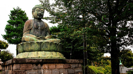A bronze statue of Dainichi Norai, the Great Sun Buddha, near the Gokoku-ji Buddhist Temple. Tokyo, Japan