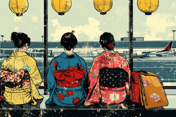 Ukiyo-e style people in airport terminal wearing fashion kimono coat and waiting for their flight - obrazy, fototapety, plakaty