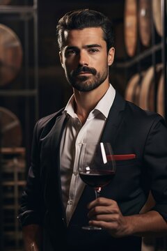 Close-up of a handsome wine expert with a glass of wine in a wine cellar. Generative AI