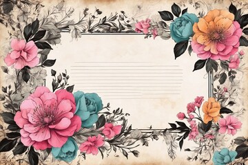 scrapbook subtle-themed papers, vibrant flowers, framework for cards and congratulation, tailored for nostalgic writing, note-making, vintage inked petals