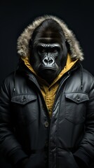 Fototapeta na wymiar Portrait of a gorilla in a black jacket against a dark background. Generative AI