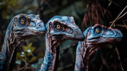 a group of velociraptor in a forest.