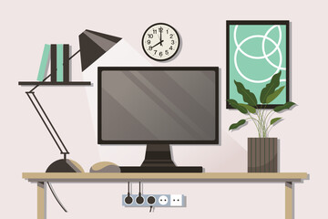 Home office concept, workspace. Computer monitor, table lamp, indoor plants on the table, world map and wall posters. Background, vector