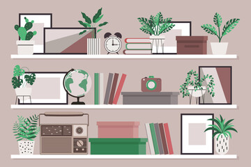 Interior Design. Shelves with books, radio, alarm clock, paintings and potted plants. The concept of home comfort. Illustration, vector	
