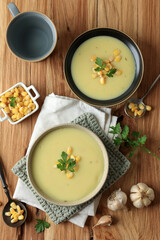 Top View Two Bowls of Homemade Creamy Corn Soup