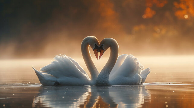 A pair of white swans gracefully form a heart as they glide on the serene lake, their elegant necks and bodies creating a beautiful symbol of love.