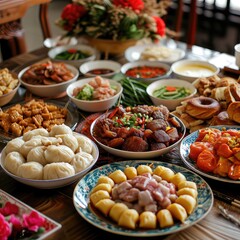 Chinese new year festival table over red background. Traditional lunar new year food