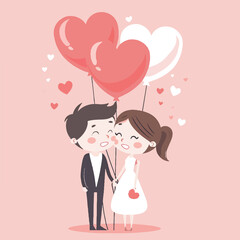 Cute cartoon of venetians day couples on pastel pink background