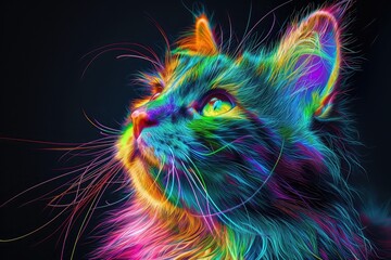 cat with high realistic furry, neon colorful cat generative AI