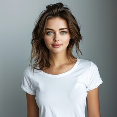 Obraz premium Beautiful woman with white t-shirt on plain background. Generative AI.