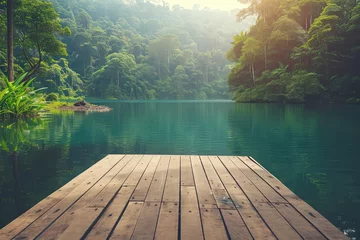  empty wooden jetty at idyllic rainforest lake with product presentation space, beauty in nature concept with product display for travel, vacation, spa and environment © Siti
