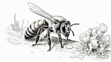 Detailed Vector Engraving Illustration of a Honey Bee on White Background - Perfect for Nature and Wildlife Concepts, Insect Pollination, and Vintage Design.