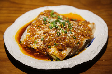 Sliced Pork with Garlic Sauce. Close up Chinese Sichuan cuisine 