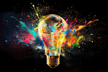 Creative light bulb explodes with colorful paint and colors.  idea, brainstorming concept