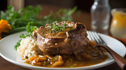 Osso Buco alla milanese, italian cuisine, grilled fresh crosscut  making Osso Buco on meat, garnish with carrot and coriander in white plate, Closeup on aesthetic background
