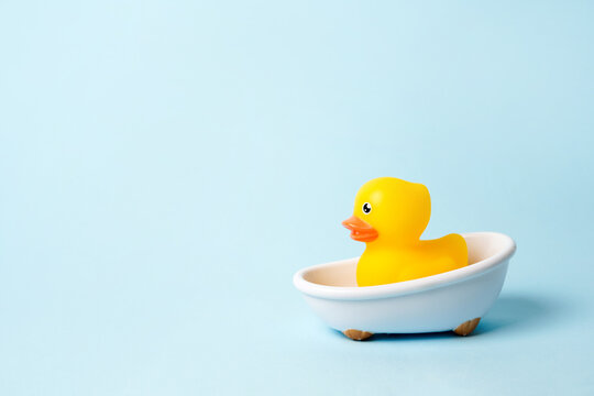 Rubber yellow duck in small bathtub on blue background. Space for copy