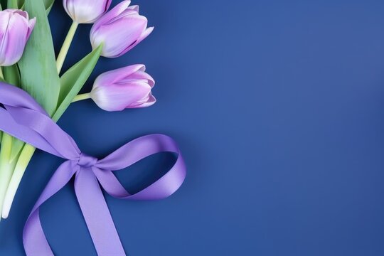 purple ribbon and tulip flower on blue background with copy space for text. Healthcare and medical concept. - Powered by Adobe