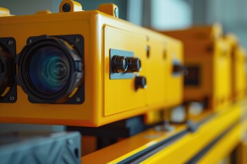 Fototapeta premium Close up of a camera on a conveyor belt. Perfect for technology and manufacturing concepts
