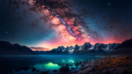 Fototapeta na wymiar Night starry sky on the shore of a mountain lake