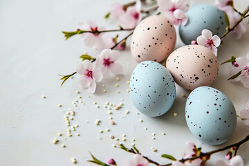 Naklejka na ściany i meble Easter eggs in pastel colors on a light background.