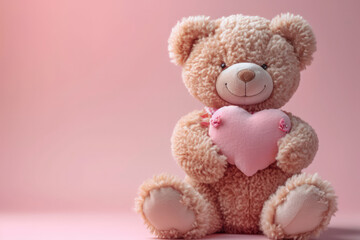 Happy valentine teddy bear holding pink hearts, anniversary, romantic gift