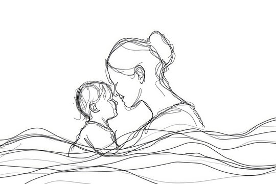 Happy mom with her female child in continuous line art drawing style. Minimalist black linear sketch