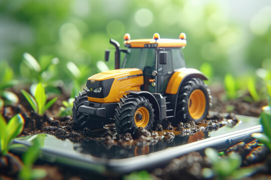 smart farming concept, tractor on a smartphone, farm online management