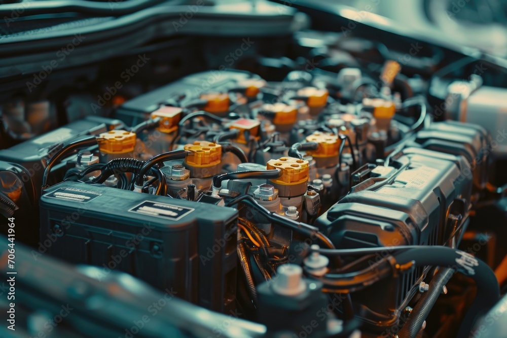 Poster a detailed view of a car's engine bay. perfect for automotive enthusiasts and mechanics looking for 