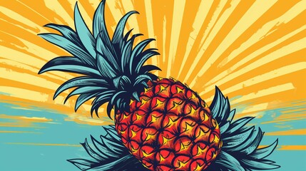 Hand-Drawn Tropical Pineapple Illustration with Vibrant Colors on Striped Background – Fresh and Juicy Exotic Fruit Art for Kitchen Decor and Culinary Designs