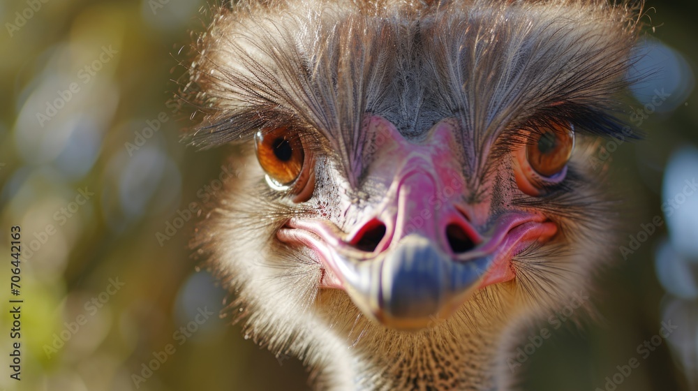 Poster A close-up view of an ostrich's face with a blurry background. Suitable for various uses