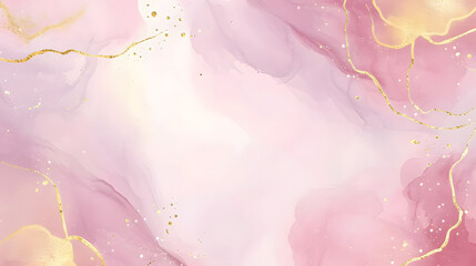 Abstract dusty rose liquid watercolor background with golden crackers. Pastel pink marble alcohol ink drawing effect. Vector illustration design template for wedding invitation