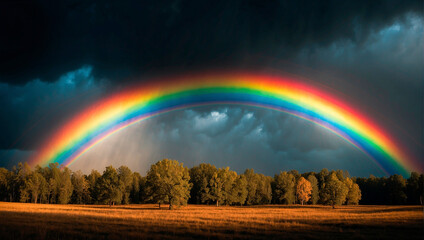 Rainbow over a field and forest after a thunderstorm