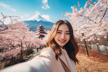Traveler woman selfie with view of Chureito Pagode, Mount Fuji and cherry blossom tree during spring season