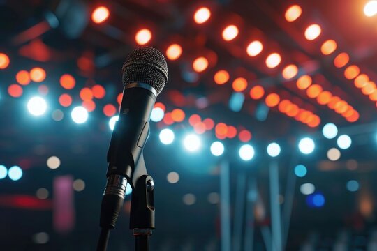 A picture of a microphone with colorful lights in the background. Ideal for use in music events or performances