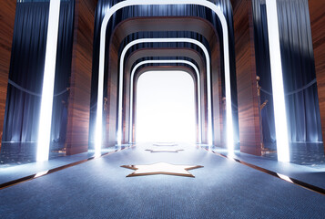 3D render of abstract blue and wooden corridor leading to shining door, concept of success