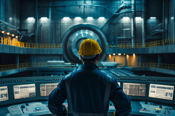 Nuclear engineer in the reactor hall at a nuclear power plant
