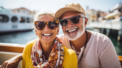 Beautiful retired senior couple enjoying cruise vacation - obrazy, fototapety, plakaty