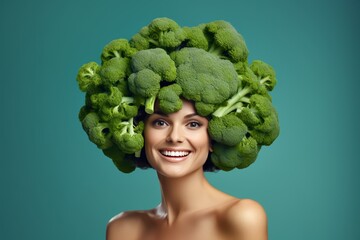 girl with a broccoli hairstyle on her head on an emerald background. place for text - obrazy, fototapety, plakaty