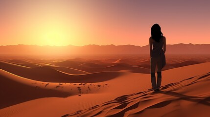 Fototapeta na wymiar Sexy woman walking in the desert.Beautiful view on the mountain at sunset. Amazing sand dunes. Golden sand waves. Natural safari panorama. Unique journey.