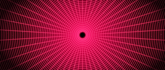 Fototapeta premium Red glowing wireframe tunnel. Neon wormhole in dark space. Grid tunnel in perspective. Funnel or portal illusion. Circular mesh structure tube. Vector optical illusion art