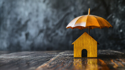 Small wooden house under an umbrella on the table, gray background, property insurance - obrazy, fototapety, plakaty