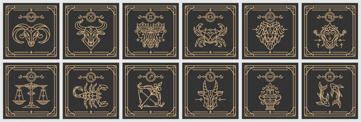 collection of Zodiac astrology horoscope signs linear design vector illustrations set. Elegant line art symbols and icons of esoteric zodiacal horoscope templates for logo or poster - obrazy, fototapety, plakaty