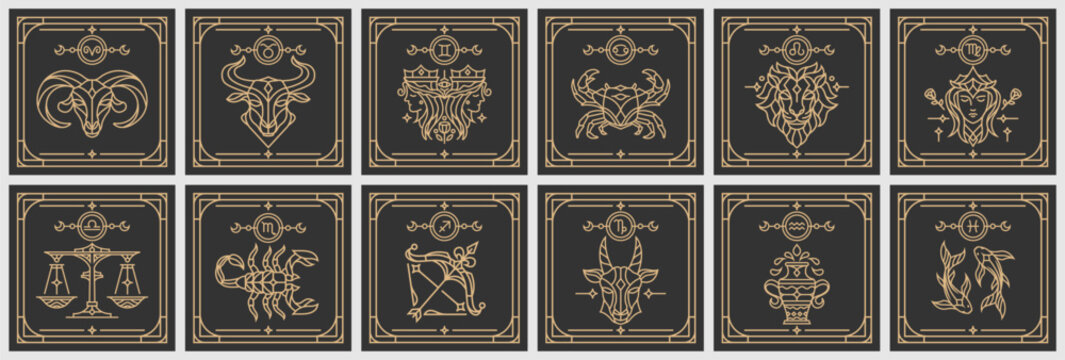 collection of Zodiac astrology horoscope signs linear design vector illustrations set. Elegant line art symbols and icons of esoteric zodiacal horoscope templates for logo or poster
