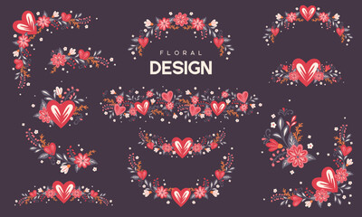 Floral frames with flowers and hearts. Vector frames, borders for Valentines Day, Mothers Day or seasonal cards. Hand drawn doodle style.