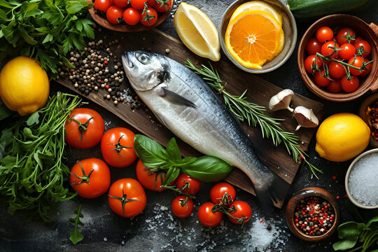 Fresh uncooked dorado or sea bream fish with lemon, herbs, oil, vegetables and spices on dark background, health concept