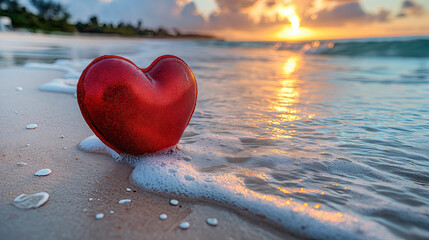 Fototapeta premium Romantic Red Heart on Sandy Beach