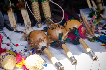 Sao Paulo, SP, Brazil - December 20 2023: Handicrafts of the Brazilian people originating from the Guarani Village - Tenendé Porã in Parelheiros, São Paulo details.