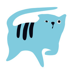 The cat is surprised. Cautious, sneaking around, hunting. Blue cat with black stripes. Soft paws. Cute. Flat. Vector illustration.